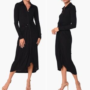 NWT CIEBON Jennifer Black Collared Ruched Button Front Midi Shirt Dress Sz Small